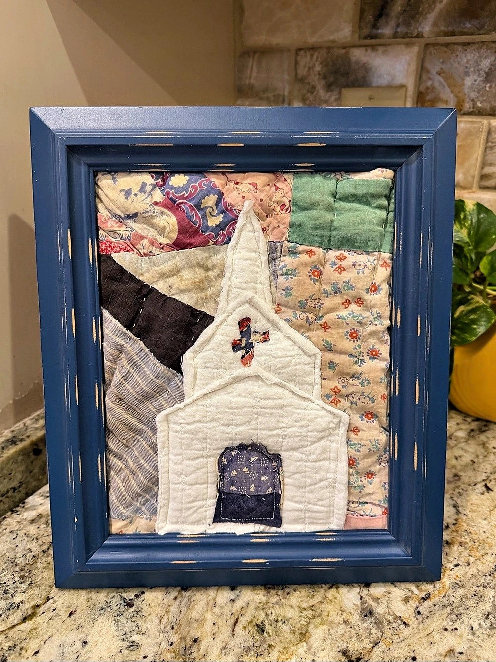 Framed Quilted Church Art Blue & Cream